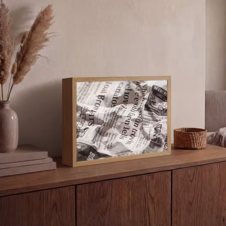 Krant - Gekreukeld - Textuur - Vintage - Zwart-wit Light Box met batterij (Wandlamp) middel -sfeer2