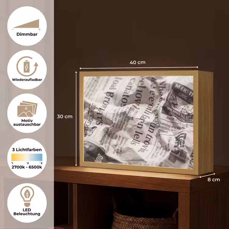 Krant - Gekreukeld - Textuur - Vintage - Zwart-wit Light Box met batterij (Wandlamp) middel -USP_websiteoverzichtDE