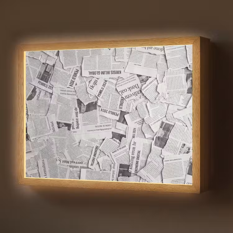 Krant - Versnipperd - Textuur - Zwart-wit - Abstract Light Box met batterij (Wandlamp) middel -z3d_website