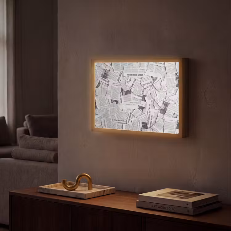 Krant - Versnipperd - Textuur - Zwart-wit - Abstract Light Box met batterij (Wandlamp) middel -sfeer1