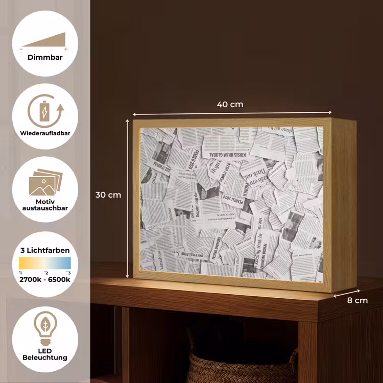 Krant - Versnipperd - Textuur - Zwart-wit - Abstract Light Box met batterij (Wandlamp) middel -USP_websiteoverzichtDE