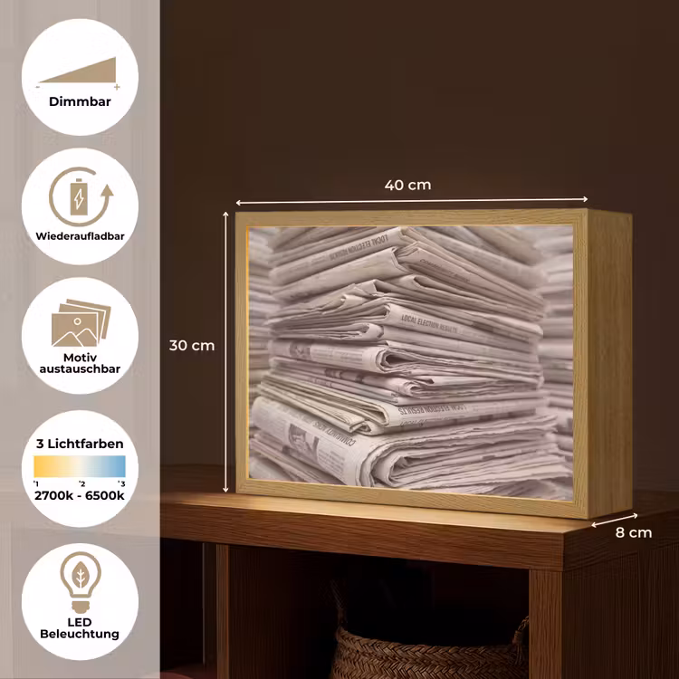 Kranten - Stapel - Nieuws - Vintage - Beige Light Box met batterij (Wandlamp) middel -USP_websiteoverzichtDE