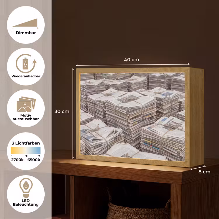 Kranten - Stapels - Touw - Informatie - Vintage Light Box met batterij (Wandlamp) middel -USP_websiteoverzichtDE