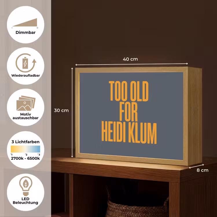 Too old for heidi klum - Geel - Blauw Light Box met batterij (Wandlamp) middel -USP_websiteoverzichtDE