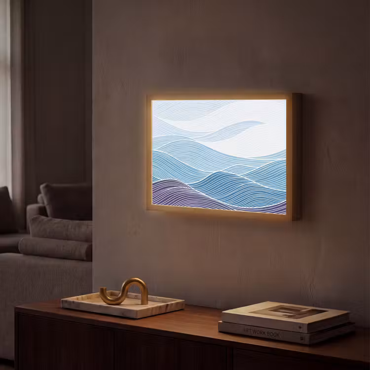 Abstract - Golven - Patroon - Blauw - Modern Light Box met batterij (Wandlamp) middel -sfeer1