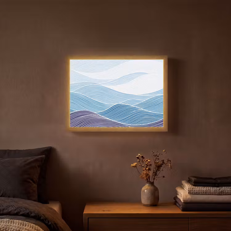 Abstract - Golven - Patroon - Blauw - Modern Light Box met batterij (Wandlamp) middel -sfeer4