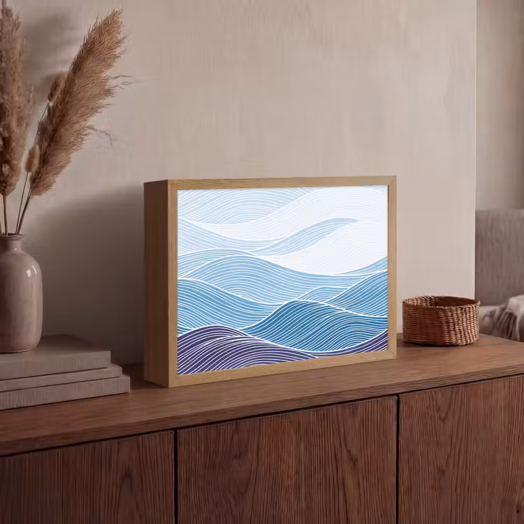Abstract - Golven - Patroon - Blauw - Modern Light Box met batterij (Wandlamp) middel -sfeer2