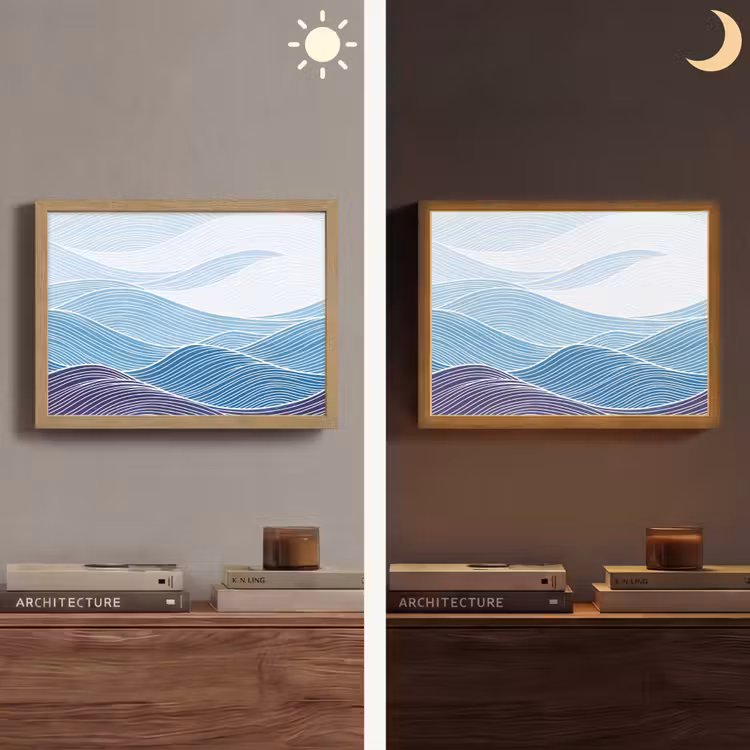 Abstract - Golven - Patroon - Blauw - Modern Light Box met batterij (Wandlamp) middel -sfeer3