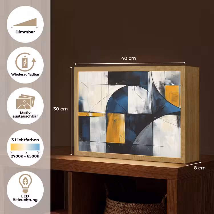 Abstract - Vormen - Goud - Blauw - Geometrisch Light Box met batterij (Wandlamp) middel -USP_websiteoverzichtDE