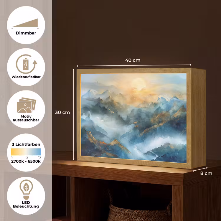 Abstract - Landschap - Bergen - Blauw - Modern Light Box met batterij (Wandlamp) middel -USP_websiteoverzichtDE