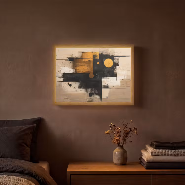 Abstract - Zwart - Goud - Modern Light Box met batterij (Wandlamp) middel -sfeer4