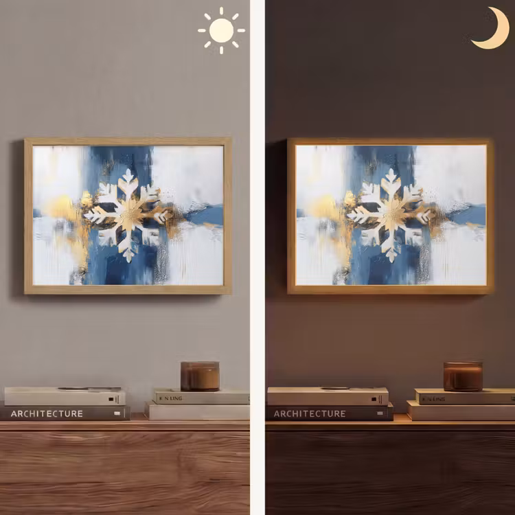 Abstract - Winter - Sneeuwvlok - Sneeuw - Goud Light Box met batterij (Wandlamp) middel -sfeer3