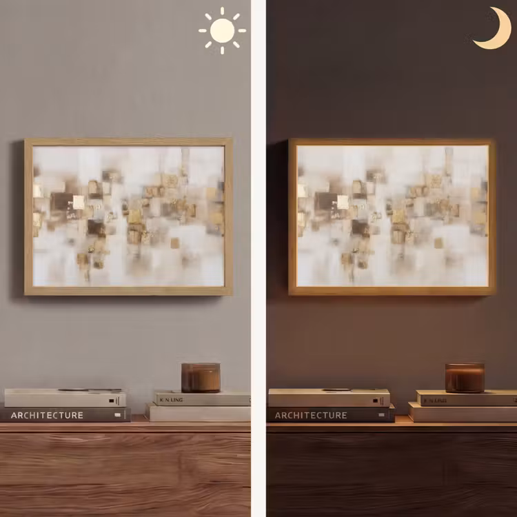 Abstracte vierkanten - Aardetonen - Mistig Light Box met batterij (Wandlamp) middel -sfeer3