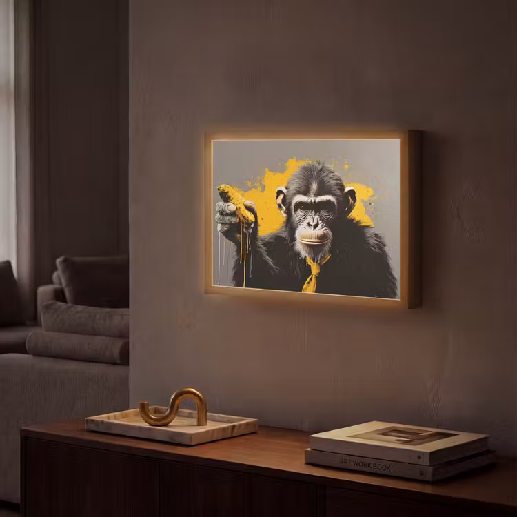Aap - Chimpansee - Banaan - Geel - Dieren - Stropdas Light Box met batterij (Wandlamp) middel -sfeer1