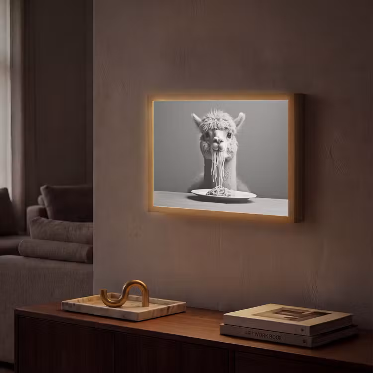 Alpaca - Pasta - Zwart - Wit - Grappig - Dieren Light Box met batterij (Wandlamp) middel -sfeer1