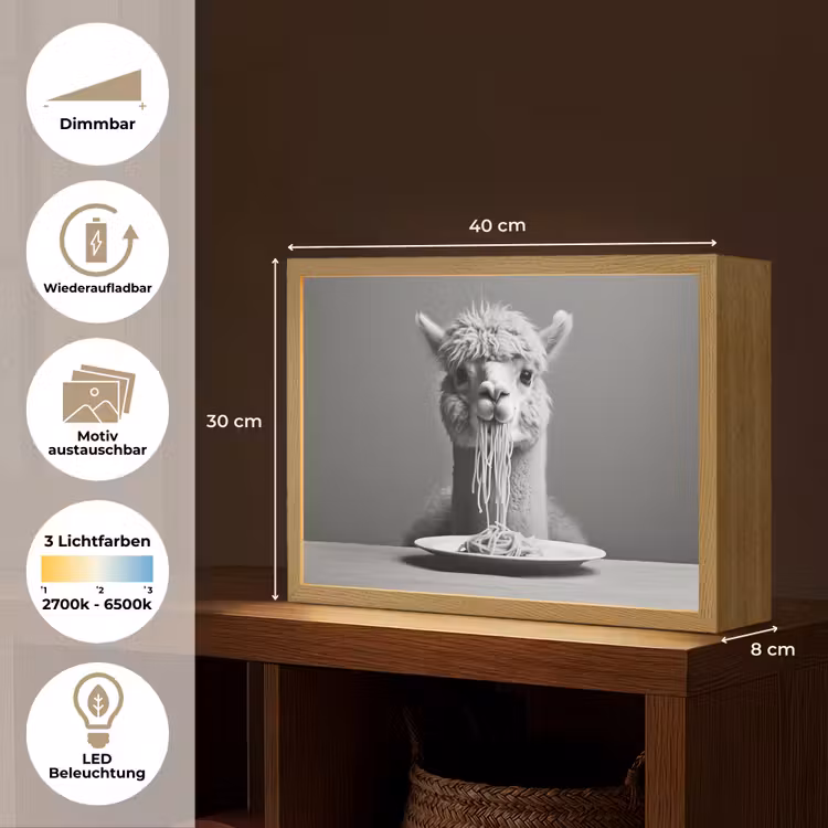 Alpaca - Pasta - Zwart - Wit - Grappig - Dieren Light Box met batterij (Wandlamp) middel -USP_websiteoverzichtDE