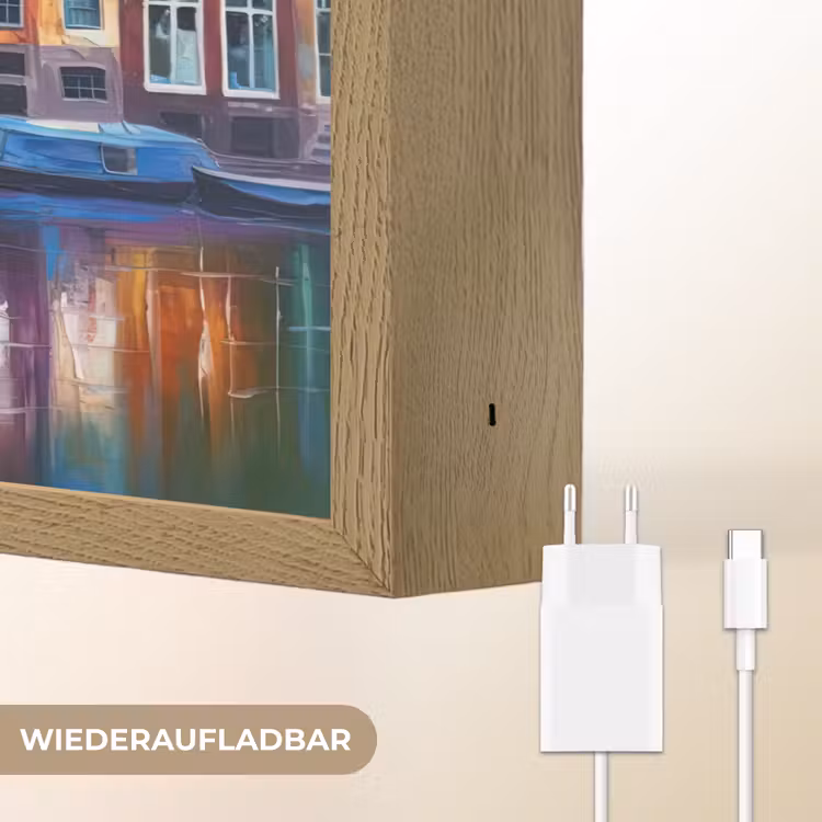 Amsterdam - Olieverf - Gracht - Schilderij - Kunst Light Box met batterij (Wandlamp) middel -USP_websiteoplaadbaarDE