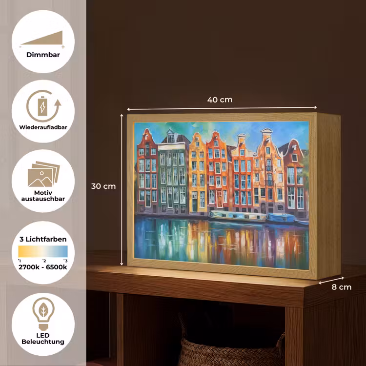 Amsterdam - Olieverf - Gracht - Schilderij - Kunst Light Box met batterij (Wandlamp) middel -USP_websiteoverzichtDE
