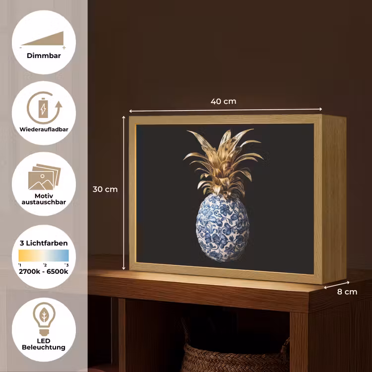 Ananas - Bloemen patroon - Goud - Delftsblauw Light Box met batterij (Wandlamp) middel -USP_websiteoverzichtDE