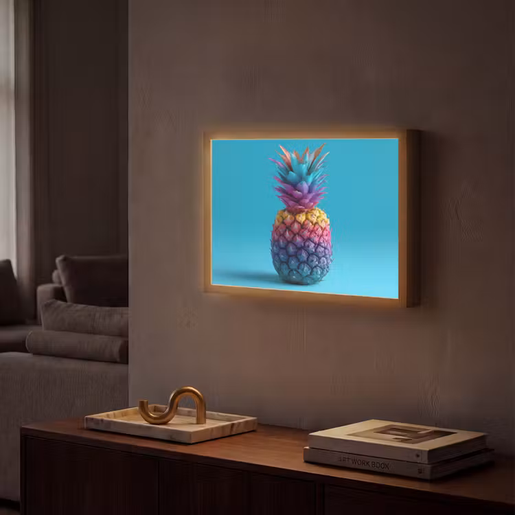Ananas - Regenboog - Blauw - Popart Light Box met batterij (Wandlamp) middel -sfeer1