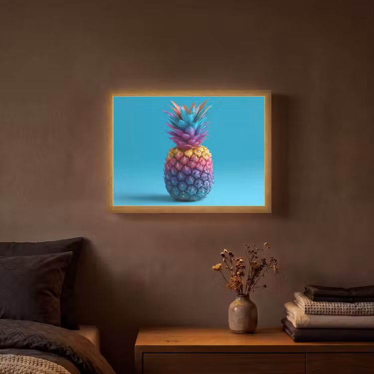 Ananas - Regenboog - Blauw - Popart Light Box met batterij (Wandlamp) middel -sfeer4