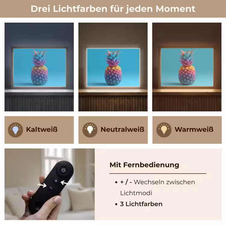 Ananas - Regenboog - Blauw - Popart Light Box met batterij (Wandlamp) middel -USP_lichtkleurDE