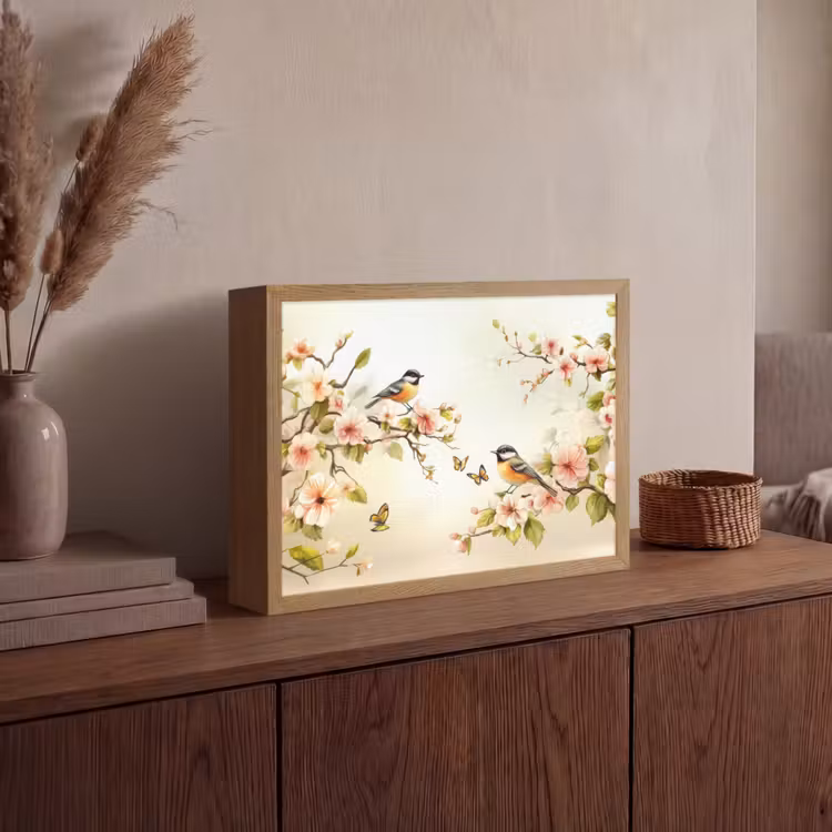 Takken - Bloemen - Vogeltjes - Roze Light Box met batterij (Wandlamp) middel -sfeer2