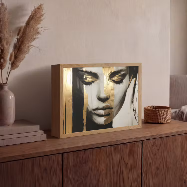 Ogen - Gezicht - Goud - Strepen Light Box met batterij (Wandlamp) middel -sfeer2