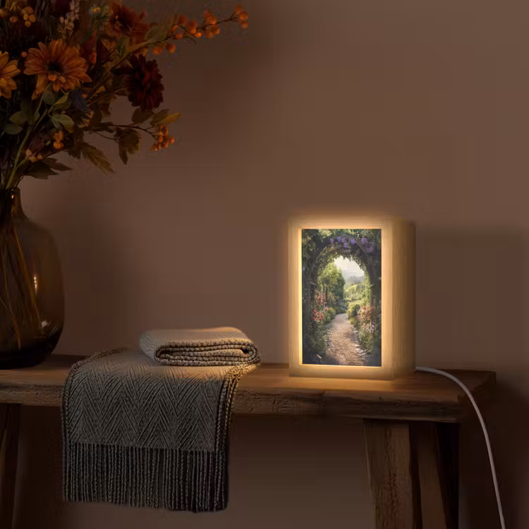 Doorkijk - Landschap - Bloemen - Tuinboog - Natuur Light Box met kabel (Wandlamp) klein -sfeer4
