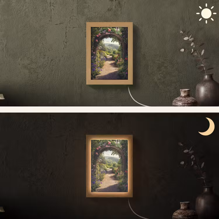 Doorkijk - Landschap - Bloemen - Rozenboog - Natuur Light Box met kabel (Wandlamp) klein -sfeer3