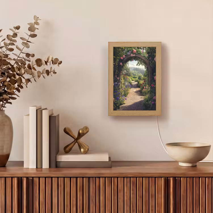 Doorkijk - Landschap - Bloemen - Rozenboog - Natuur Light Box met kabel (Wandlamp) klein -sfeer2