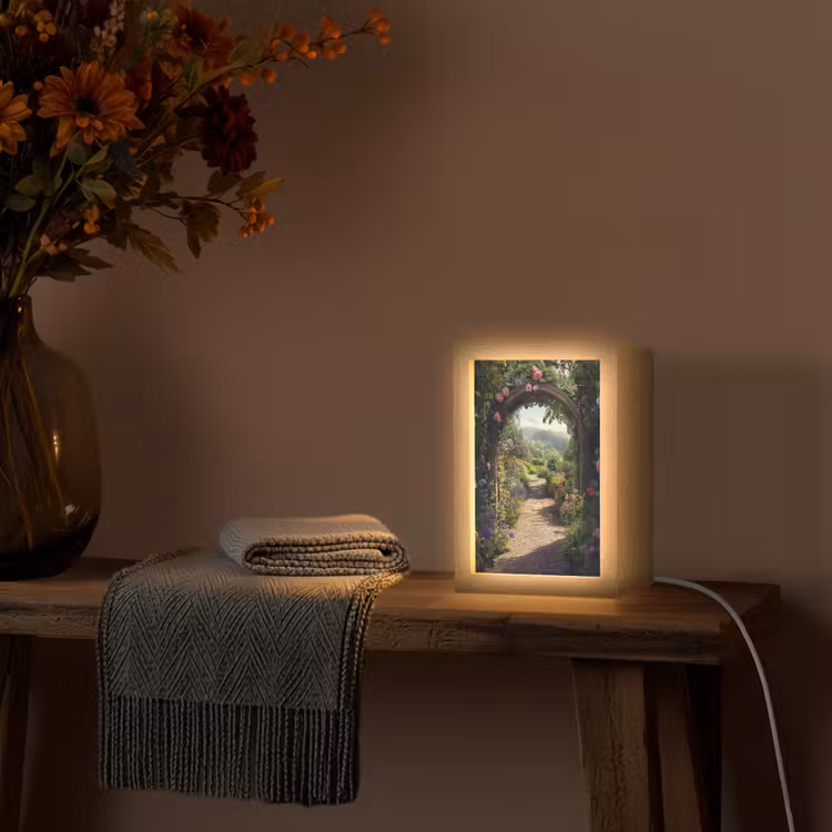 Doorkijk - Landschap - Bloemen - Rozenboog - Natuur Light Box met kabel (Wandlamp) klein -sfeer4