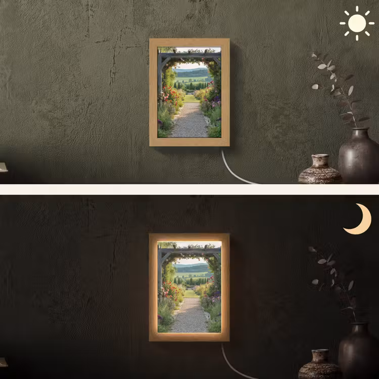 Doorkijk - Landschap - Natuur - Tuinboog - Bloemen Light Box met kabel (Wandlamp) klein -sfeer3