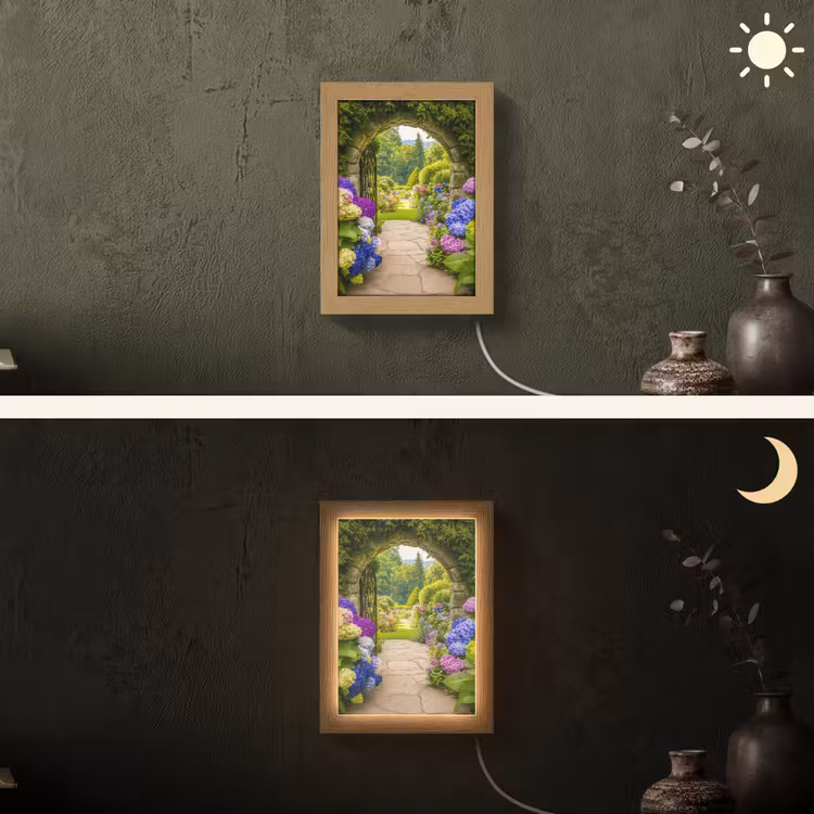 Doorkijk - Poort - Hortensia - Bloementuin Light Box met kabel (Wandlamp) klein -sfeer3
