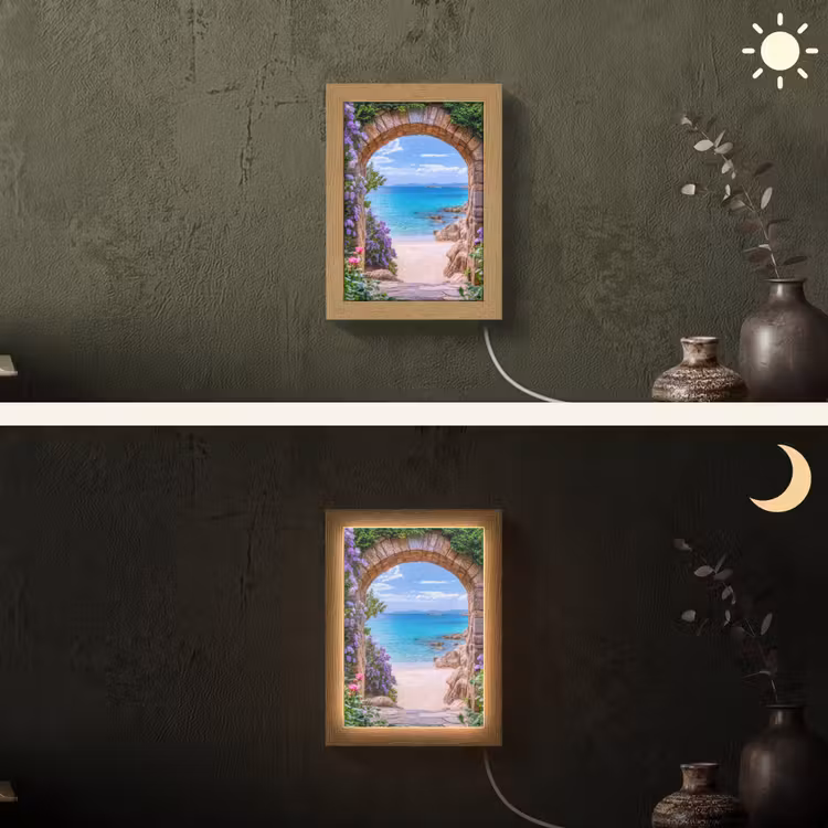 Doorkijk - Poort - Zee - Strand - Rotsen Light Box met kabel (Wandlamp) klein -sfeer3