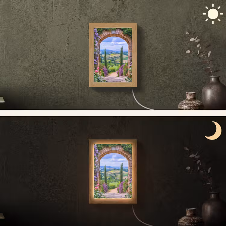 Doorkijk - Toscane - Landschap - Poort Light Box met kabel (Wandlamp) klein -sfeer3