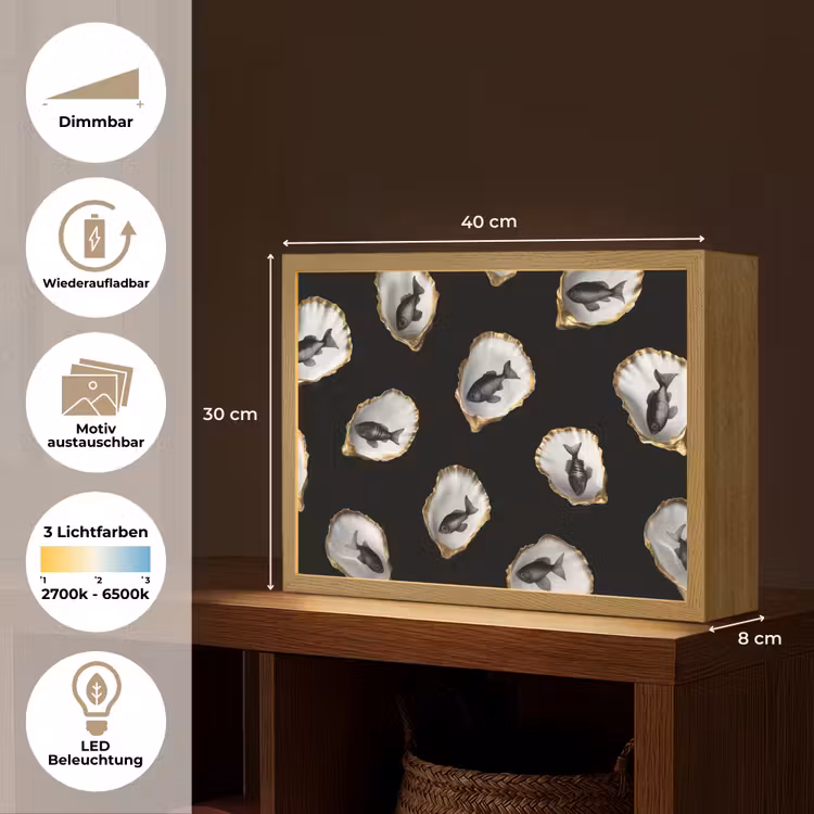 Oesters - Zwart - Vissen - Goud Light Box met batterij (Wandlamp) middel -USP_websiteoverzichtDE