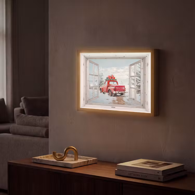 Auto - Rood - Cadeaus - Winter - Kerst - Doorkijk - Wit Light Box met batterij (Wandlamp) middel -sfeer1