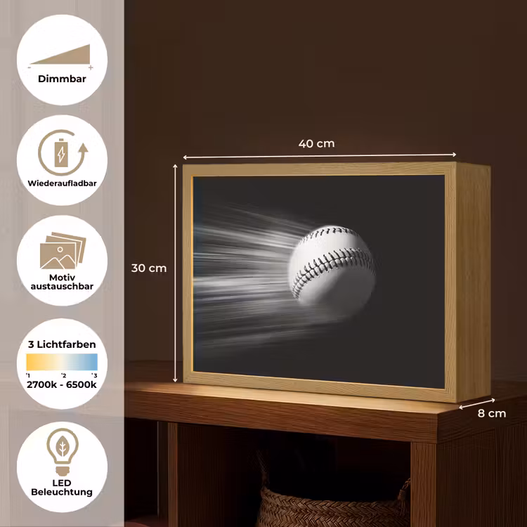 Honkbal - Wit - Vliegt Light Box met batterij (Wandlamp) middel -USP_websiteoverzichtDE