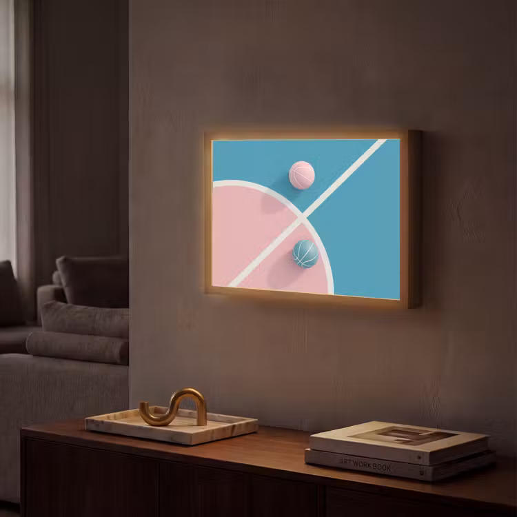 Basketbal - Pastel - Roze - BLauw Light Box met batterij (Wandlamp) middel -sfeer1