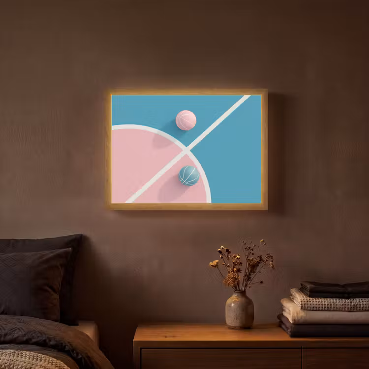 Basketbal - Pastel - Roze - BLauw Light Box met batterij (Wandlamp) middel -sfeer4