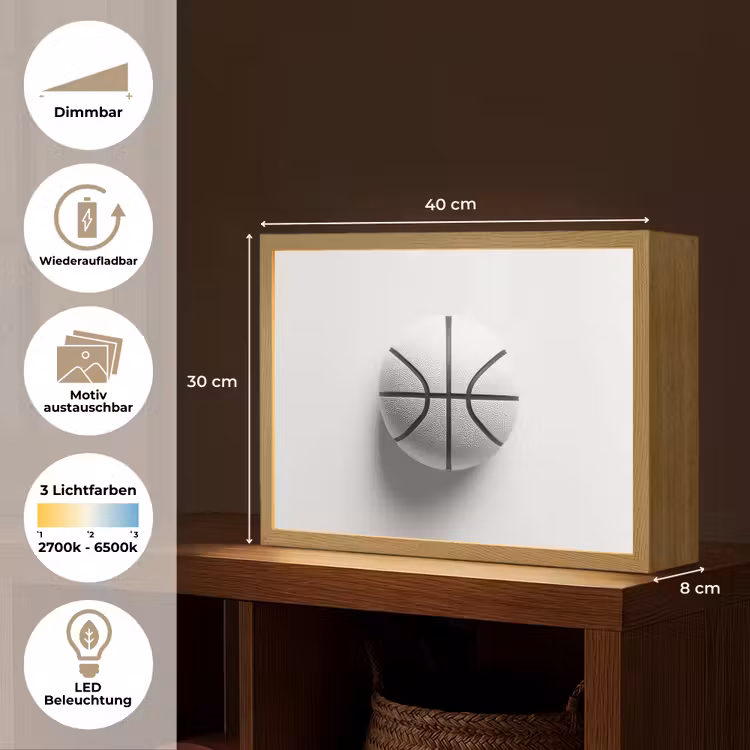 Basketbal - Wit - Schaduw - Lijnen Light Box met batterij (Wandlamp) middel -USP_websiteoverzichtDE