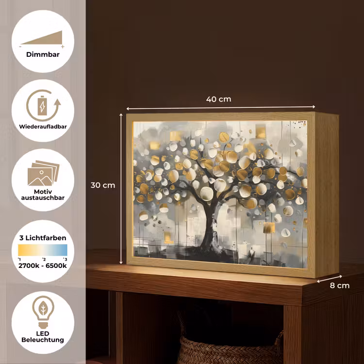 Boom - Abstract - Beige - Goud - Zwart Light Box met batterij (Wandlamp) middel -USP_websiteoverzichtDE