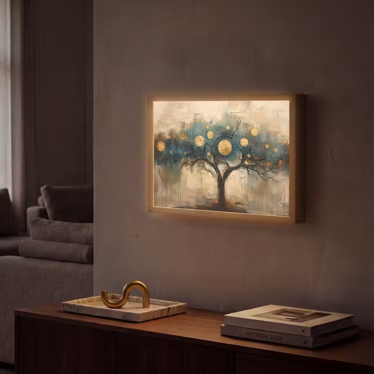 Boom - Abstract - Bruin - Goud - Industrieel Light Box met batterij (Wandlamp) middel -sfeer1