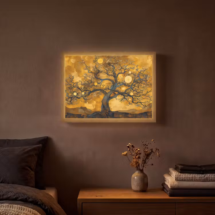 Boom - Levensboom - Abstract - Goud Light Box met batterij (Wandlamp) middel -sfeer4