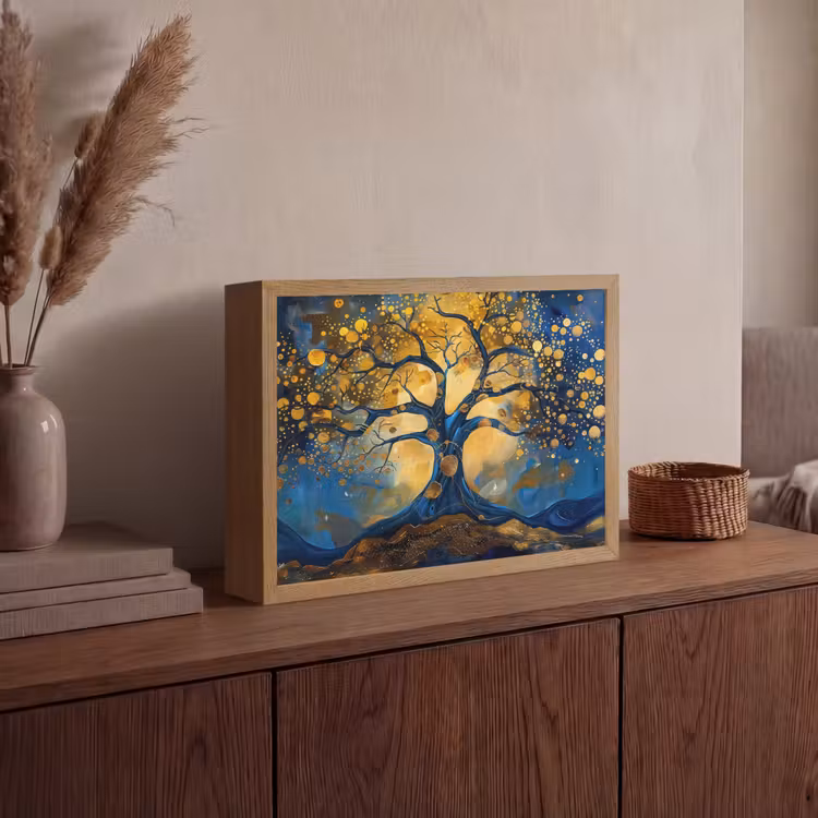 Boom - Levensboom - Blauw - Goud Light Box met batterij (Wandlamp) middel -sfeer2
