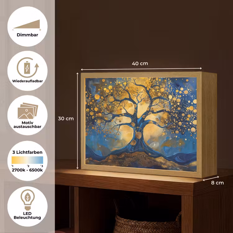 Boom - Levensboom - Blauw - Goud Light Box met batterij (Wandlamp) middel -USP_websiteoverzichtDE