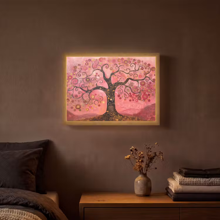 Boom - Levensboom - Roze - Goud Light Box met batterij (Wandlamp) middel -sfeer4