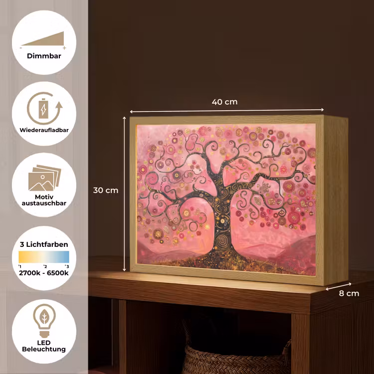 Boom - Levensboom - Roze - Goud Light Box met batterij (Wandlamp) middel -USP_websiteoverzichtDE