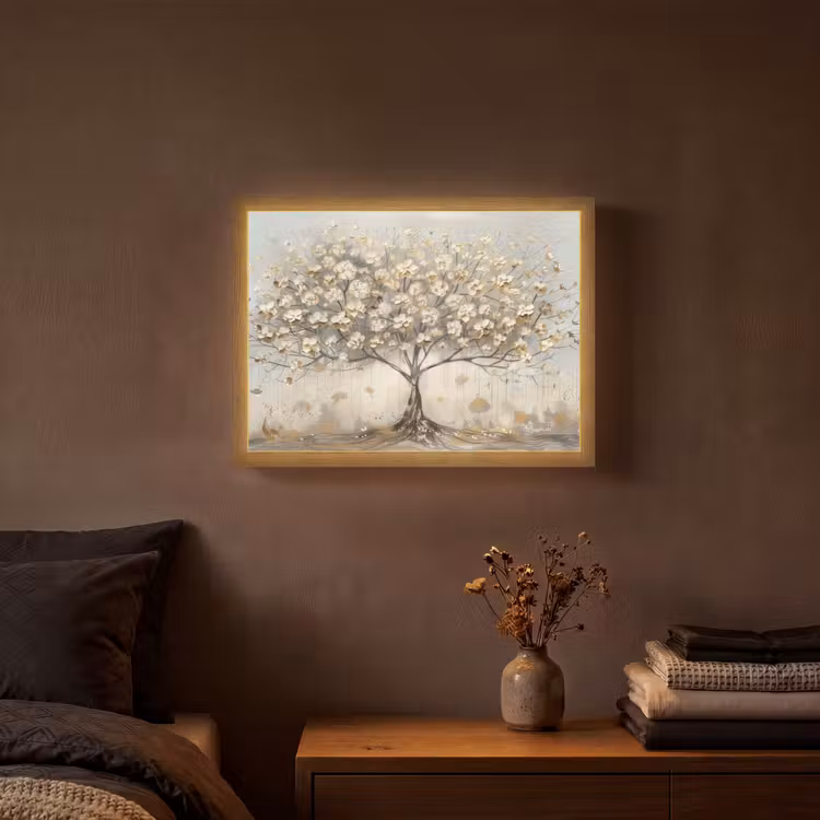 Boom - Beige - Goud - Verflook - Grijs Light Box met batterij (Wandlamp) middel -sfeer4